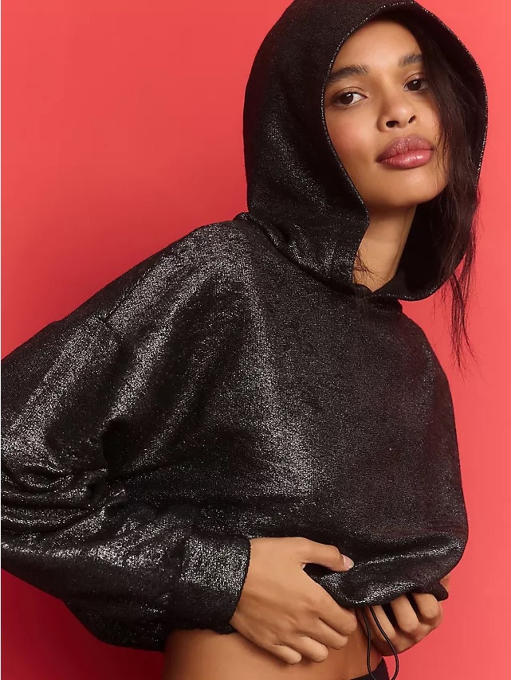 Pilcro for Anthropologie Black Foil Cropped Hoodie in size small.